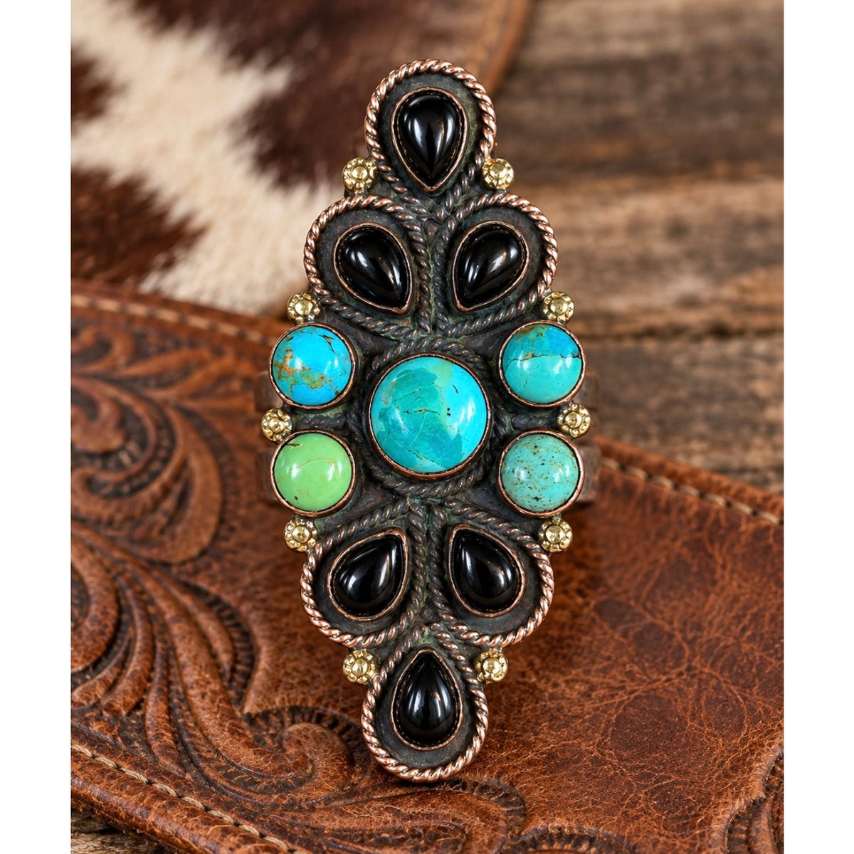 Turquoise & Black Onyx Multistone Copper Statement Ring adjustable 5-9