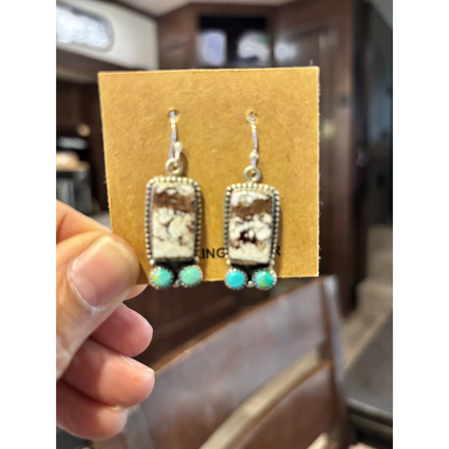 White Horse & Turquoise Dangle Earrings Southwestern Style