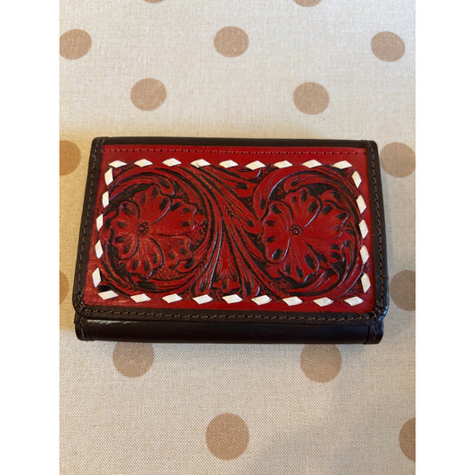 Tooled Leather Cowhide Western Trifold Wallet in Red