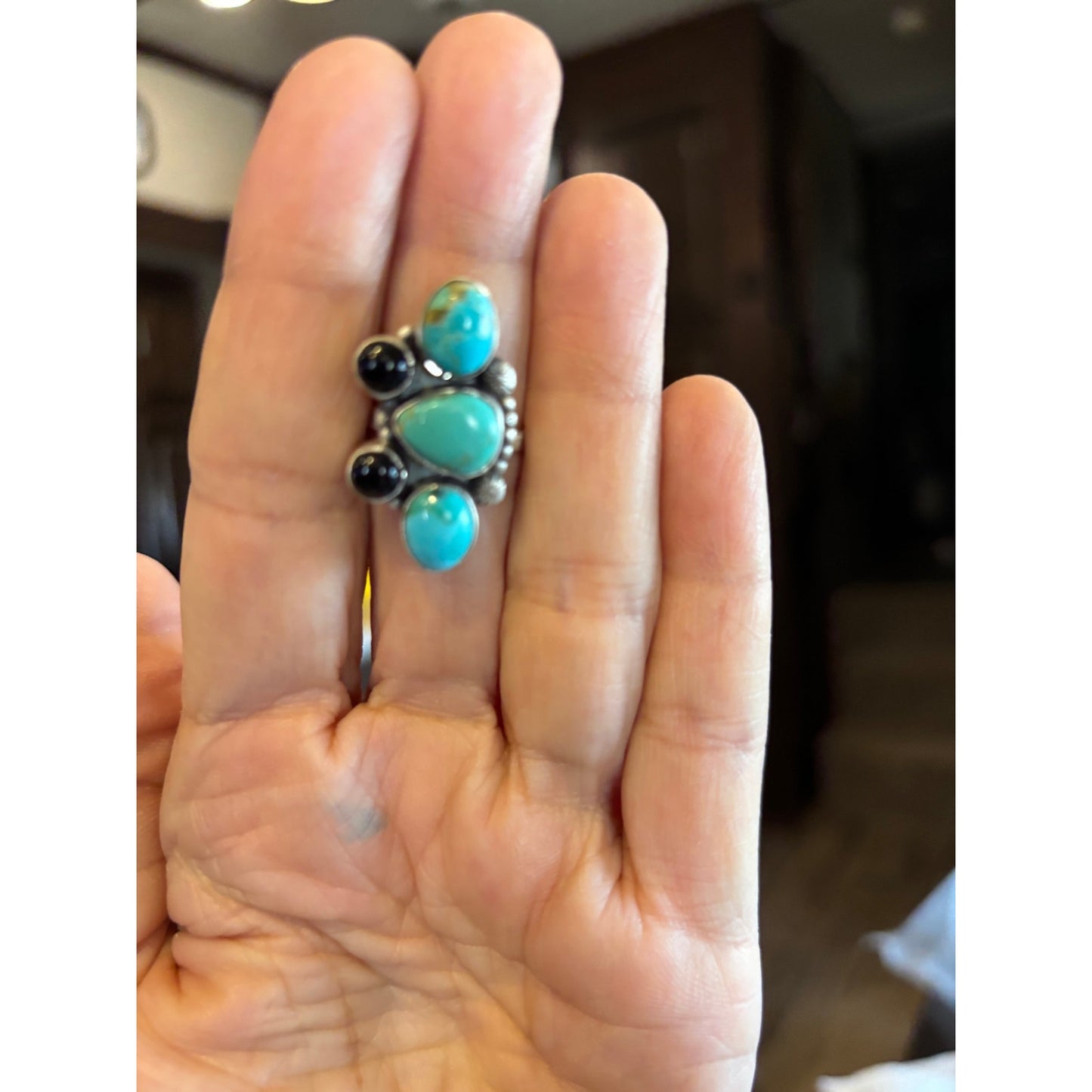 Heavy Sterling Silver Turquoise & Black Onyx Statement Ring Adjustable Size 7-9