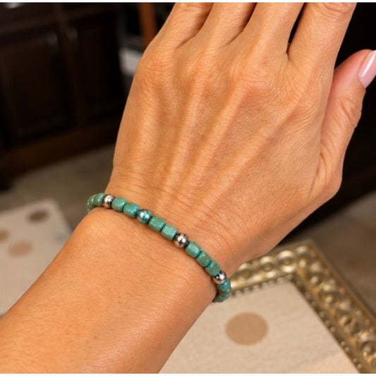 Turquoise Square Bead & Silver Pearl Stretch Bracelet – 6–7"