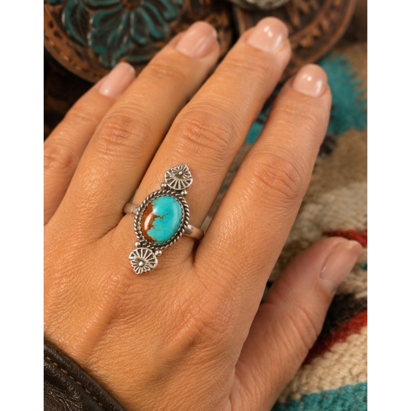 Number 8 Turquoise & Sterling Silver Western Ring sz 8 adj