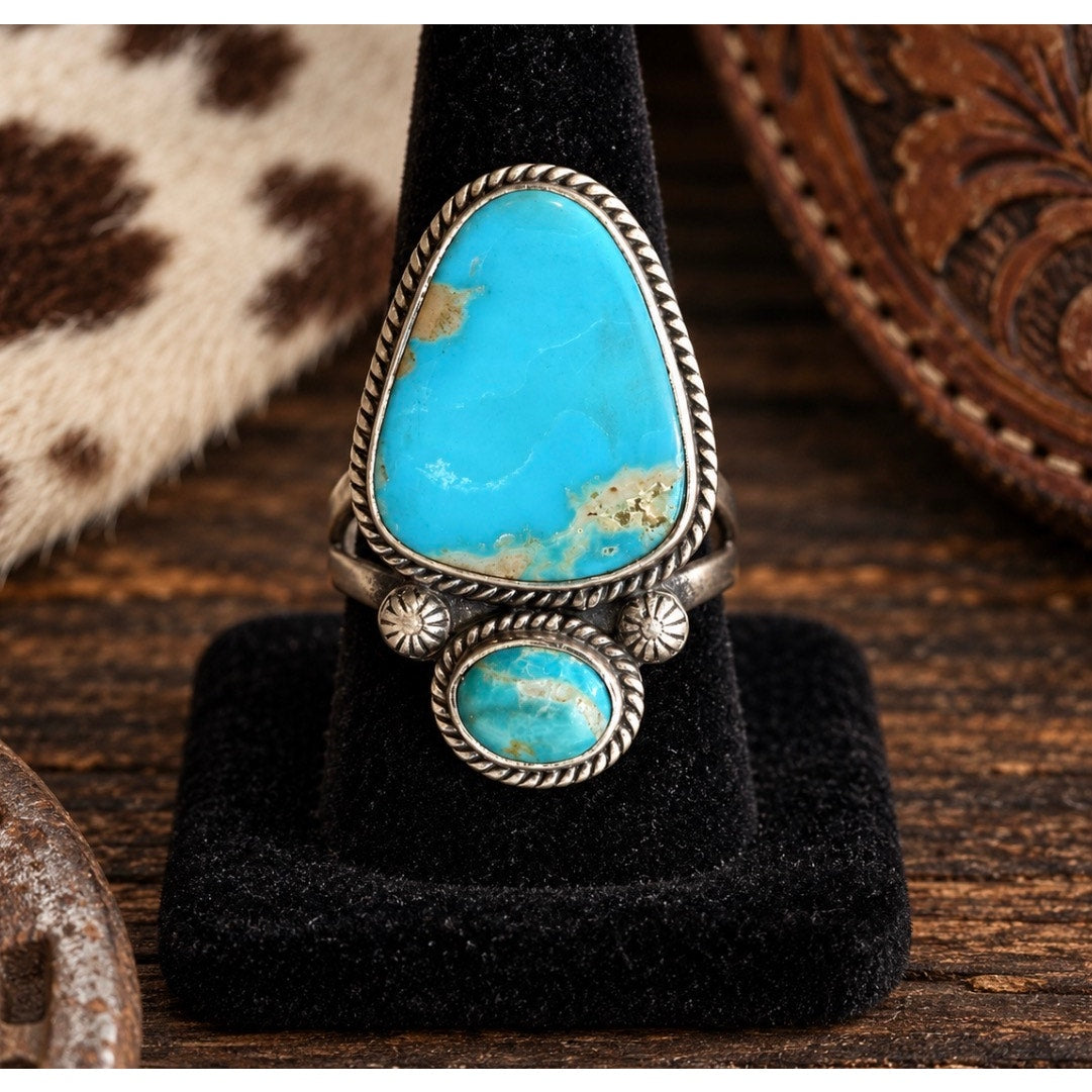 Mojave Blue Turquoise 2-Stone Statement Ring | Adjustable Southwestern Sterling Silver