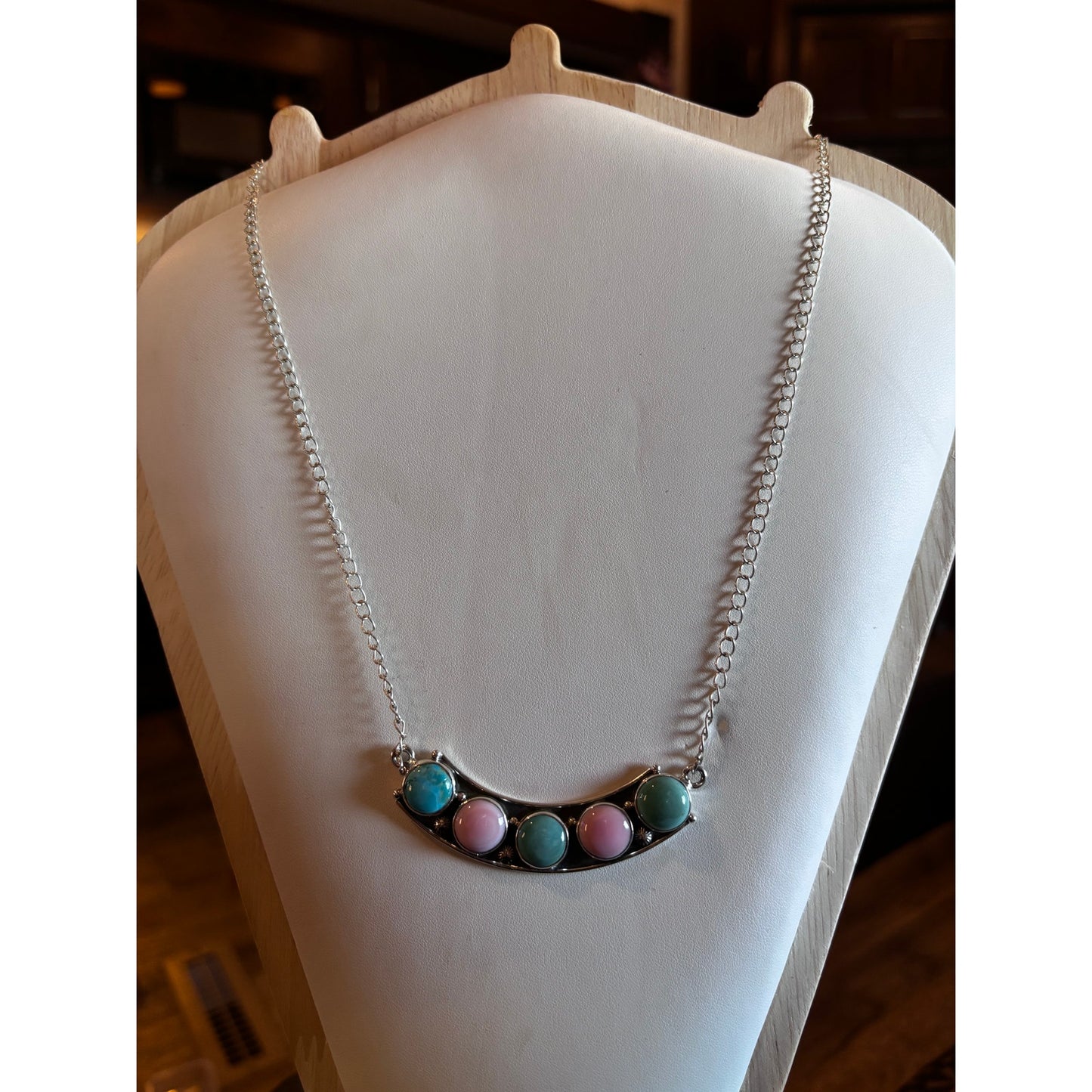 Pink Conch/ Turquoise Multi Stone Necklace set in Sterling Silver 20"
