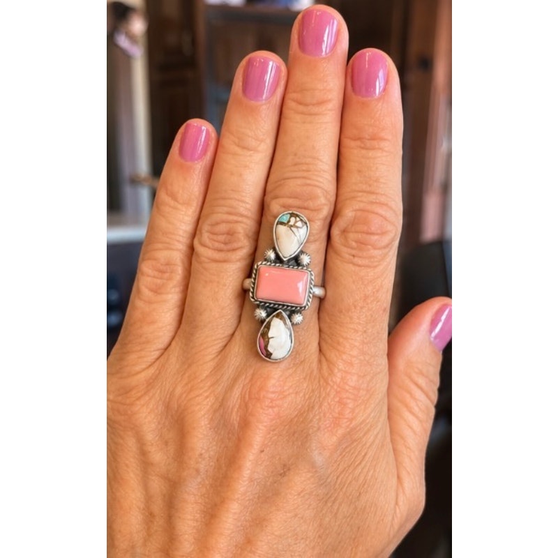Pink Conch & Cotton Candy Turquoise 3-Stone Crawler Ring – Sterling Silver Adjustable
