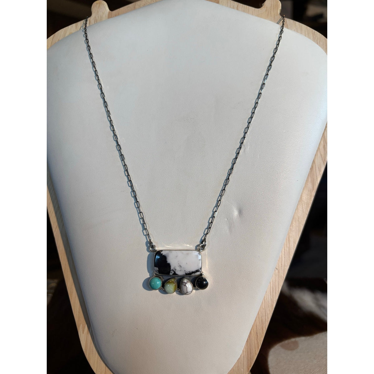 White Buffalo, Turquoise Multistone Bar Necklace 20" Chain
