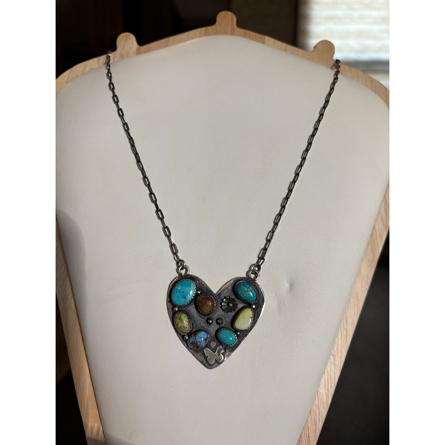 One of a Kind Multi-Turquoise Heart Necklace Sterling Silver 20"
