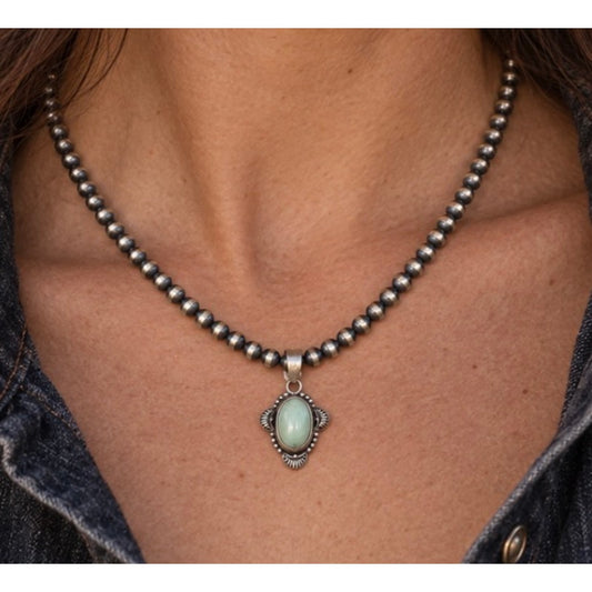 Palomino Turquoise Pendant on 16" Sterling Silver Pearl Beaded Necklace – 4mm