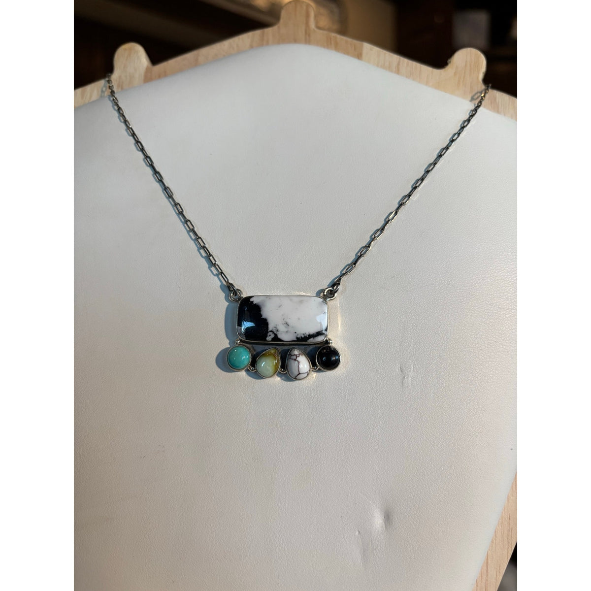 White Buffalo, Turquoise Multistone Bar Necklace 20" Chain