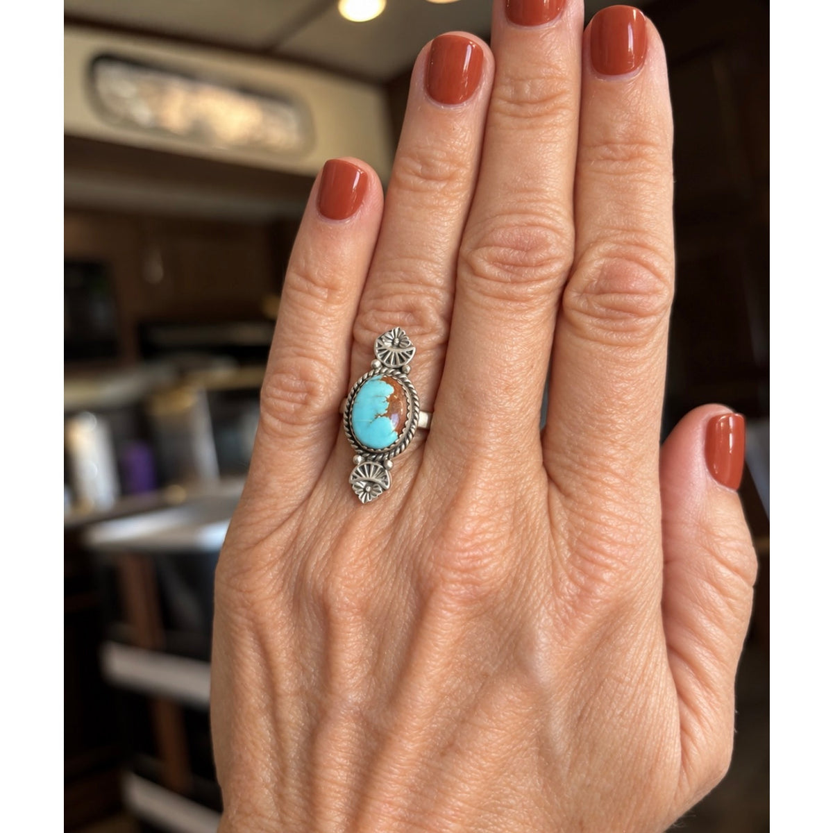 Number 8 Turquoise & Sterling Silver Western Ring sz 8 adj