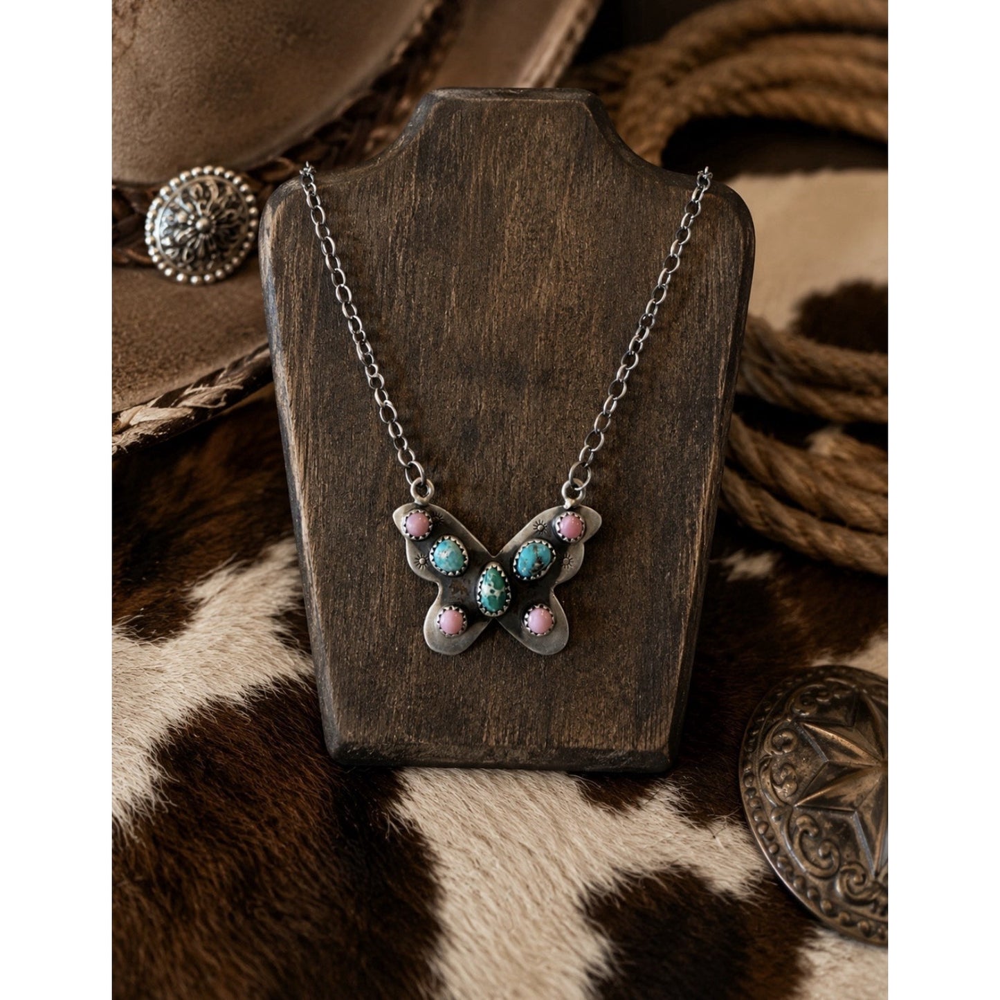 Butterfly Pink Conch Turquoise Sterling Silver Necklace