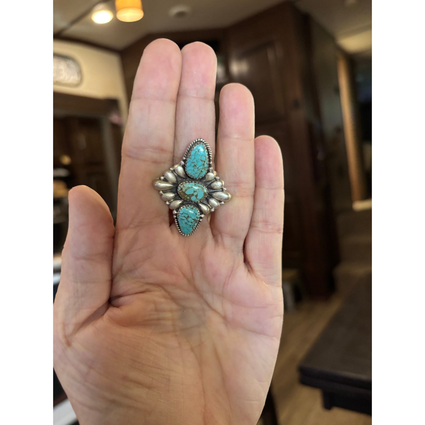 Number 8 Turquoise Three Stone Crawler Ring Sterling Silver