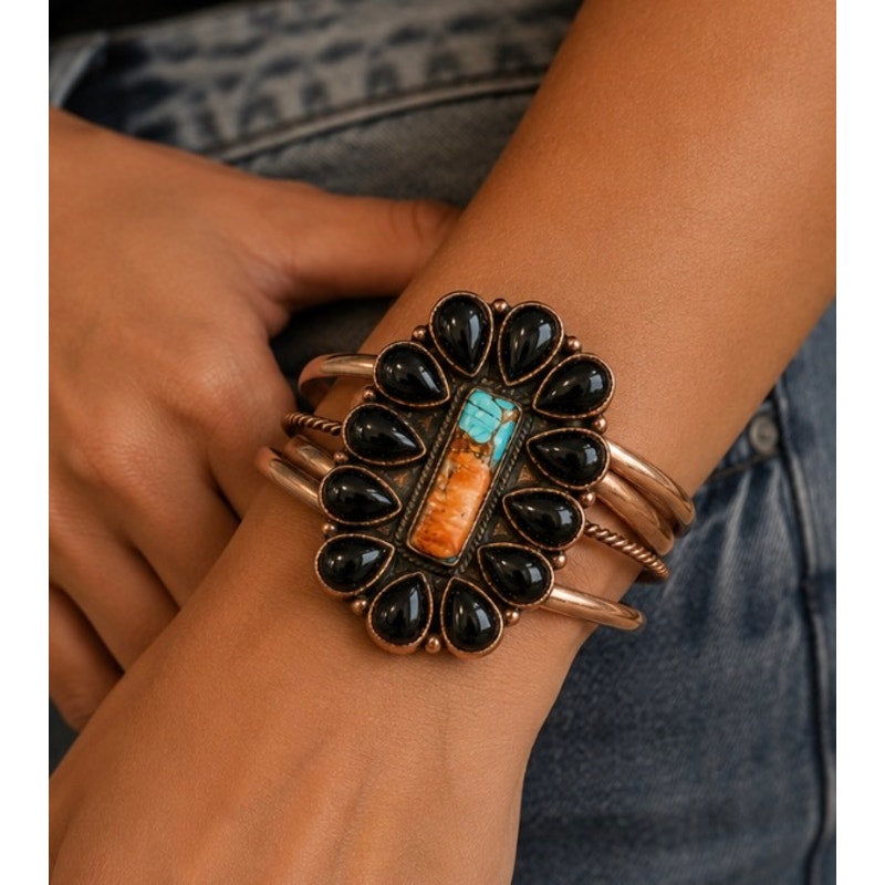 Copper Cuff w Turquoise Orange Spiny & Black Onyx Adjustable