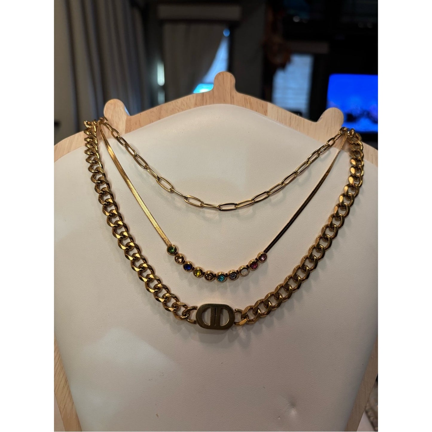 18k Gold plated, water proof, tarnish Gold Multi-Layered Necklace Gem Accents