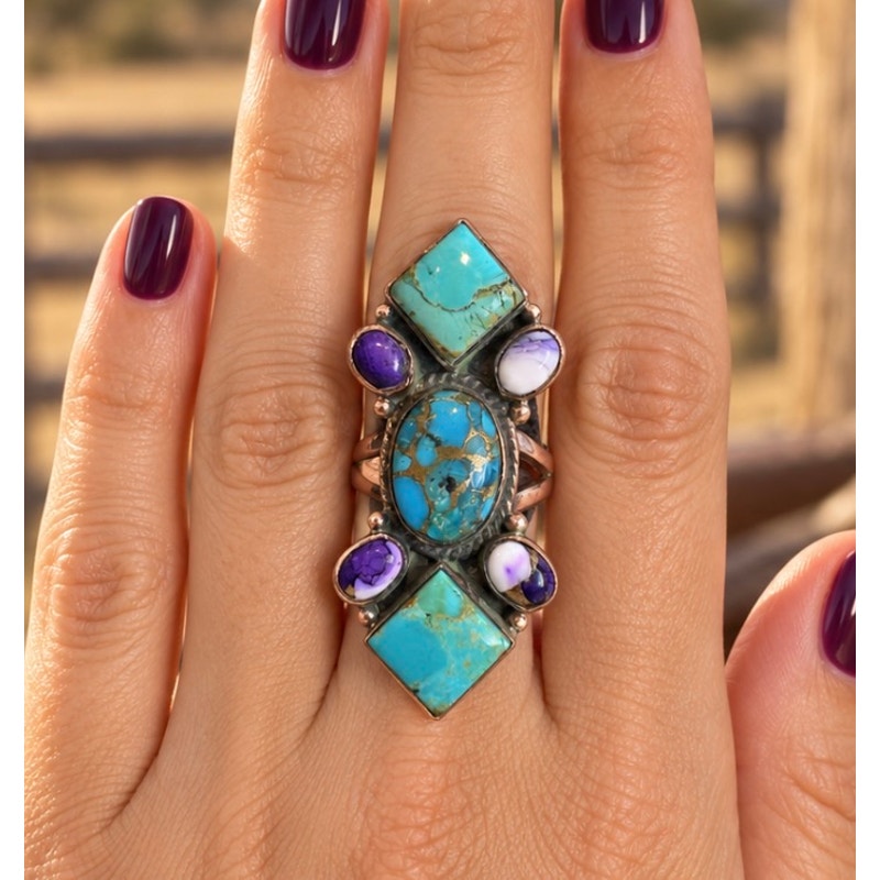 Kingman Turquoise & Purple Spiny Oyster Crawler Ring | Adjustable Copper Setting 7–10