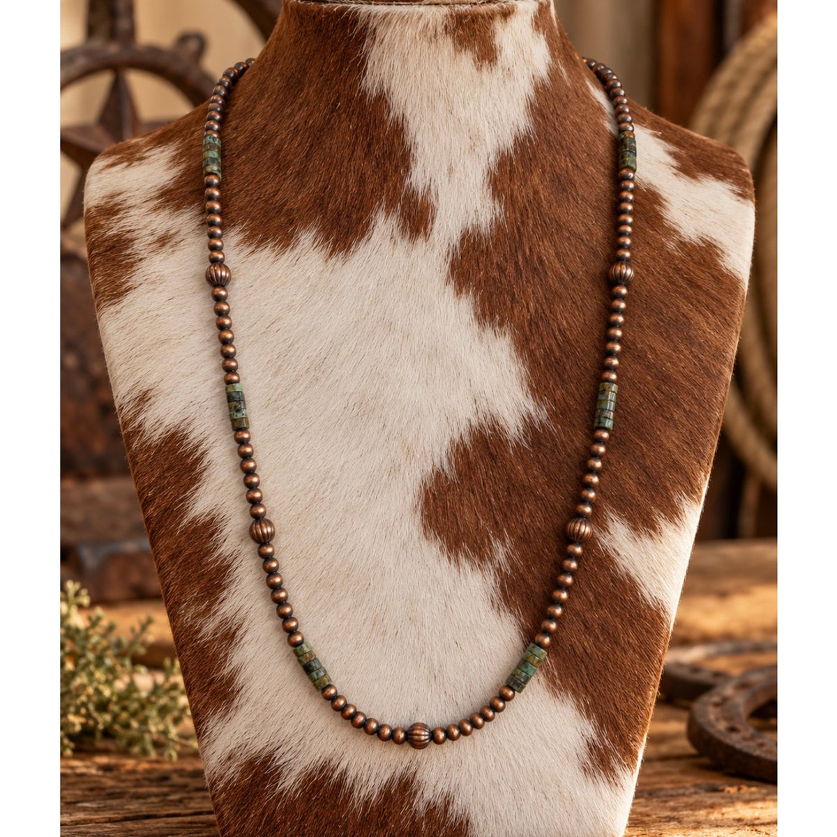 Copper Pearl Bead Layering Necklace with Royston Turquoise Accents – 24 Inch