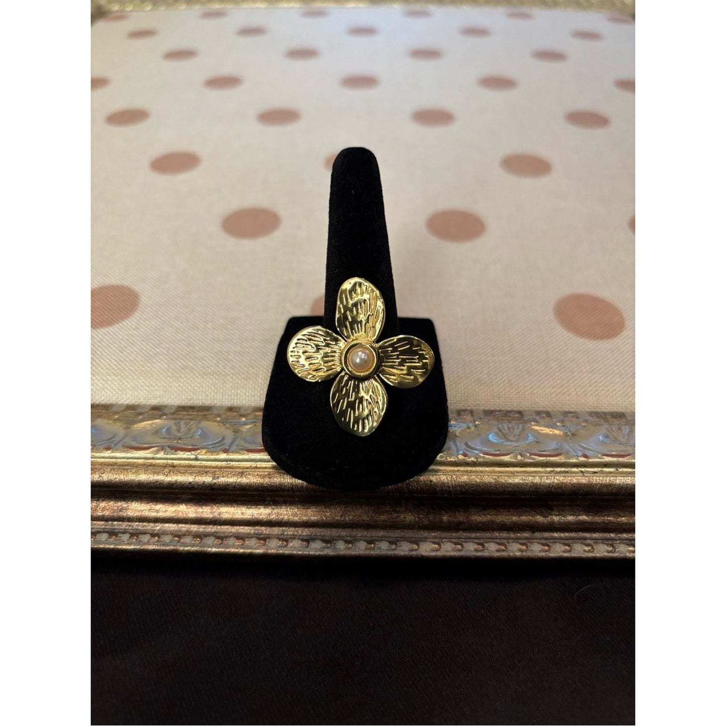 Gold 18 Carat Gold Plated tarnish and water proof Flower Ring with pearl accent.