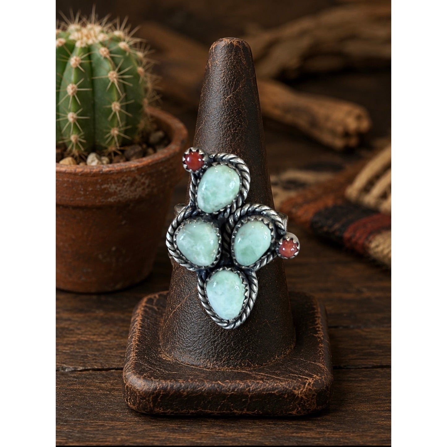 Paloma Turquoise Cactus Ring in Sterling Silver Adjustable