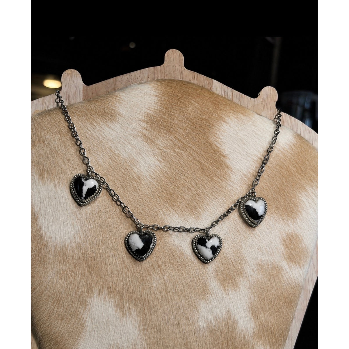 White Buffalo Turquoise Four Heart Necklace Sterling Silver  adjustable 20" Chain
