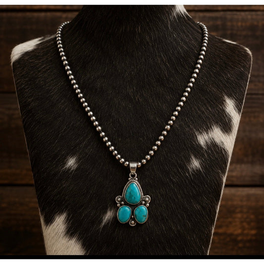 Kingman Turquoise Sterling Silver Pendant with 3mm Desert Pearl Chain Necklace