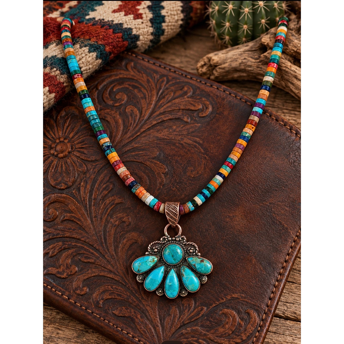 Mojave Turquoise Copper Fan Pendant Heishi Necklace – 18"