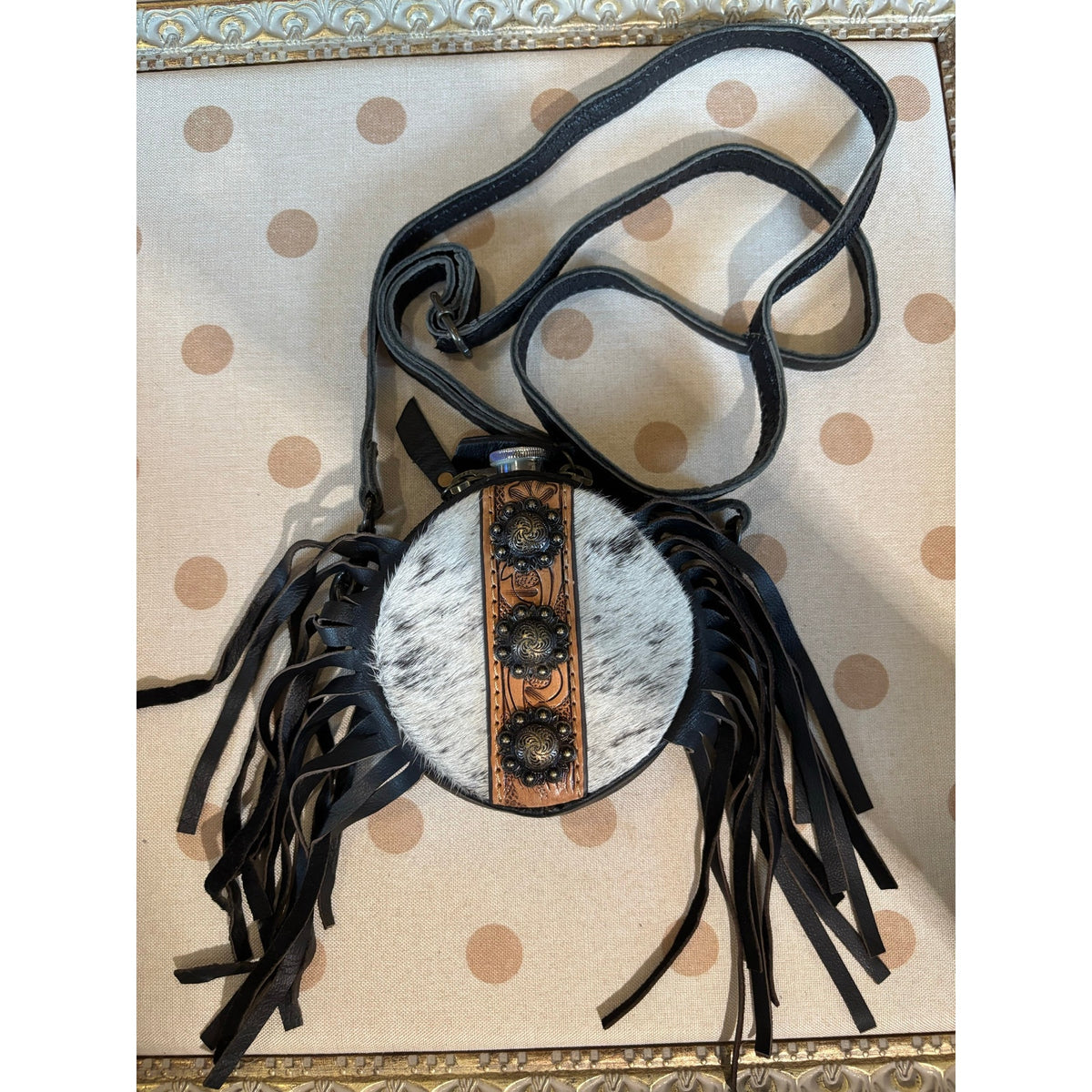 Handmade Cowhide Western 2 Shot Canteen Crossbody with Fringe & Conchos – 4 Inch