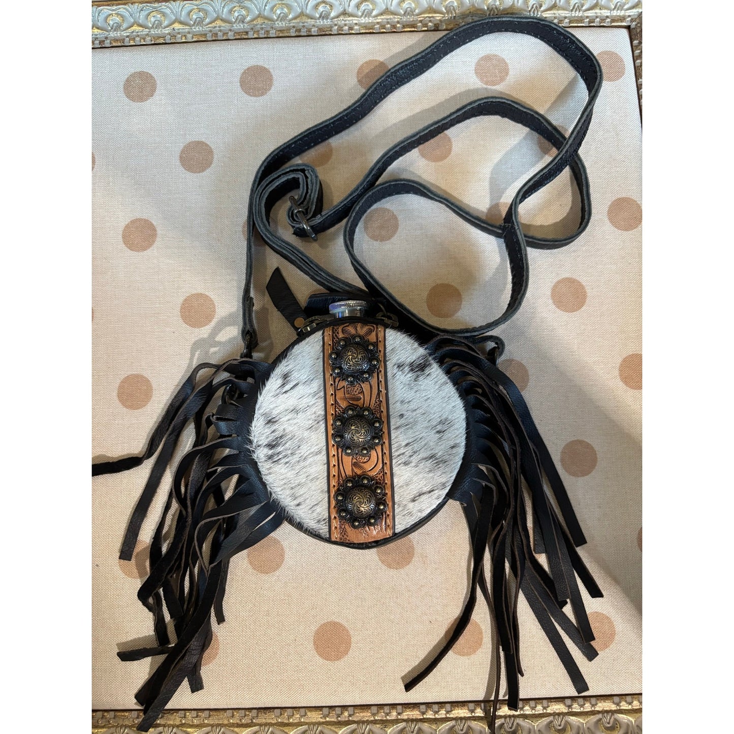 Handmade Cowhide Western Canteen Crossbody with Fringe & Conchos – 4 Inch