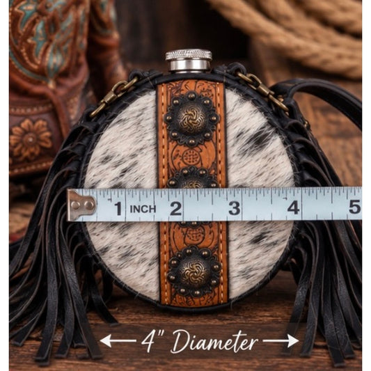 Handmade Cowhide Western Canteen Crossbody with Fringe & Conchos – 4 Inch