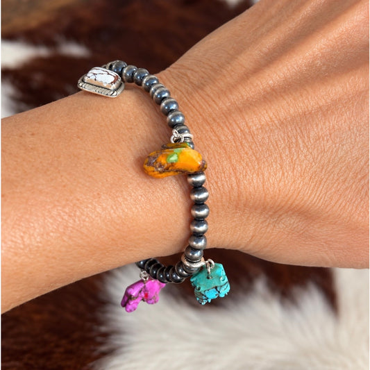Sterling Silver Pearl Bead Bracelet with Hand-Carved Turquoise Charms – 5mm, 7 Inch