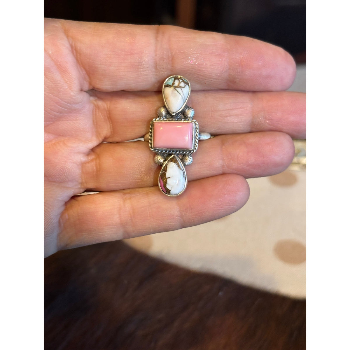 Pink Conch & Cotton Candy Turquoise 3-Stone Crawler Ring – Sterling Silver Adjustable
