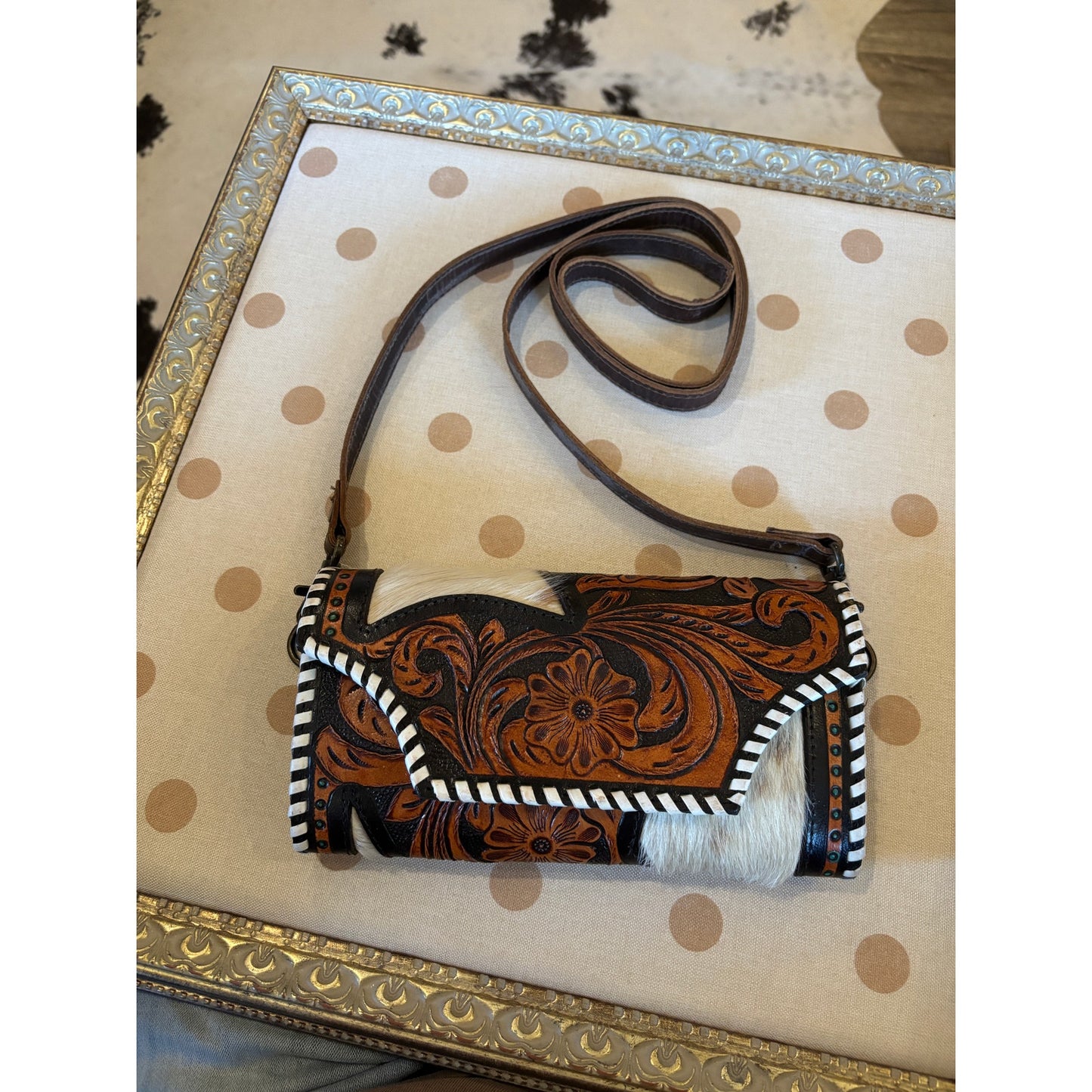 Leather Tooled Cowhide Leather Cross Body Wallet/ Purse.