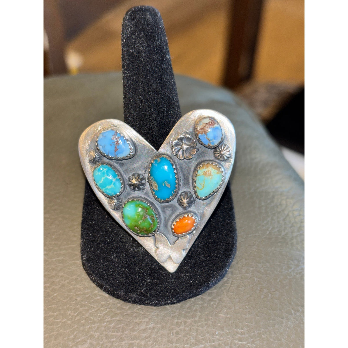 Unique Turquoise Heart Ring with Different Turquoise stone and Spiny Orange