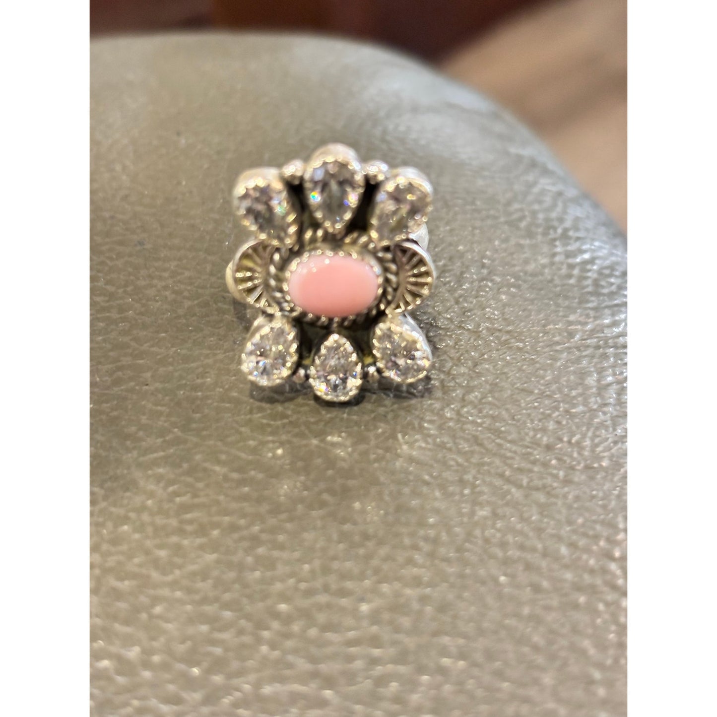 Pink Conch and CZ Sterling Silver Southwestern Ring sz 8 adj