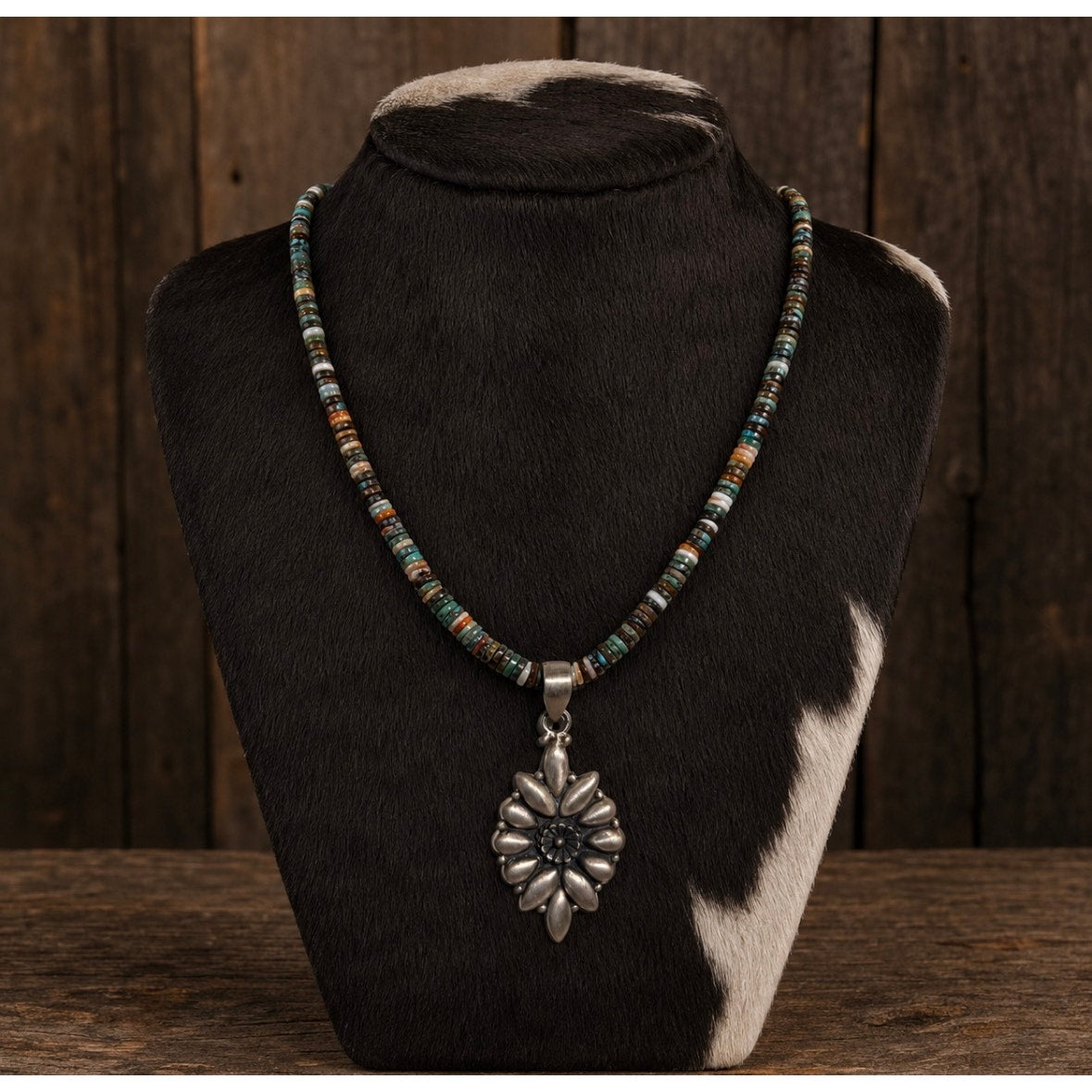 16" Spiny Oyster & Turquoise Heishi Necklace/ Concho Pendant