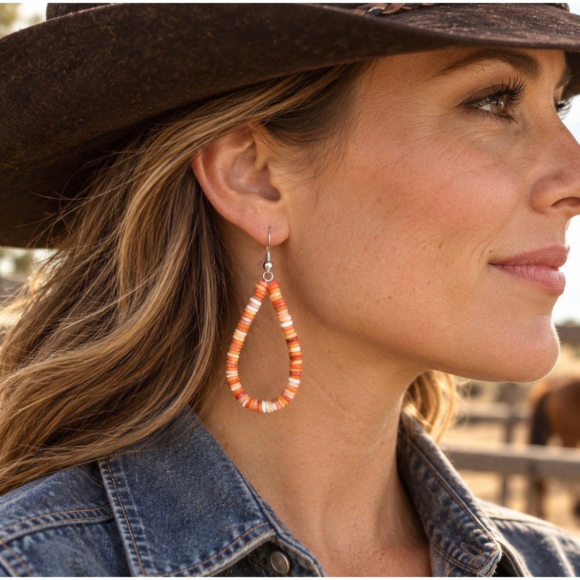 Orange Spiny Oyster Heishi Teardrop Dangle Earrings | Southwestern Sterling Silver
