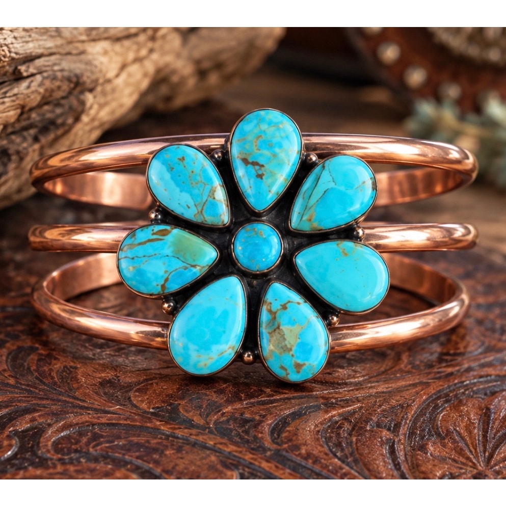 Mohave Turquoise Flower| Cluster Adjustable Copper Cuff Bracelet