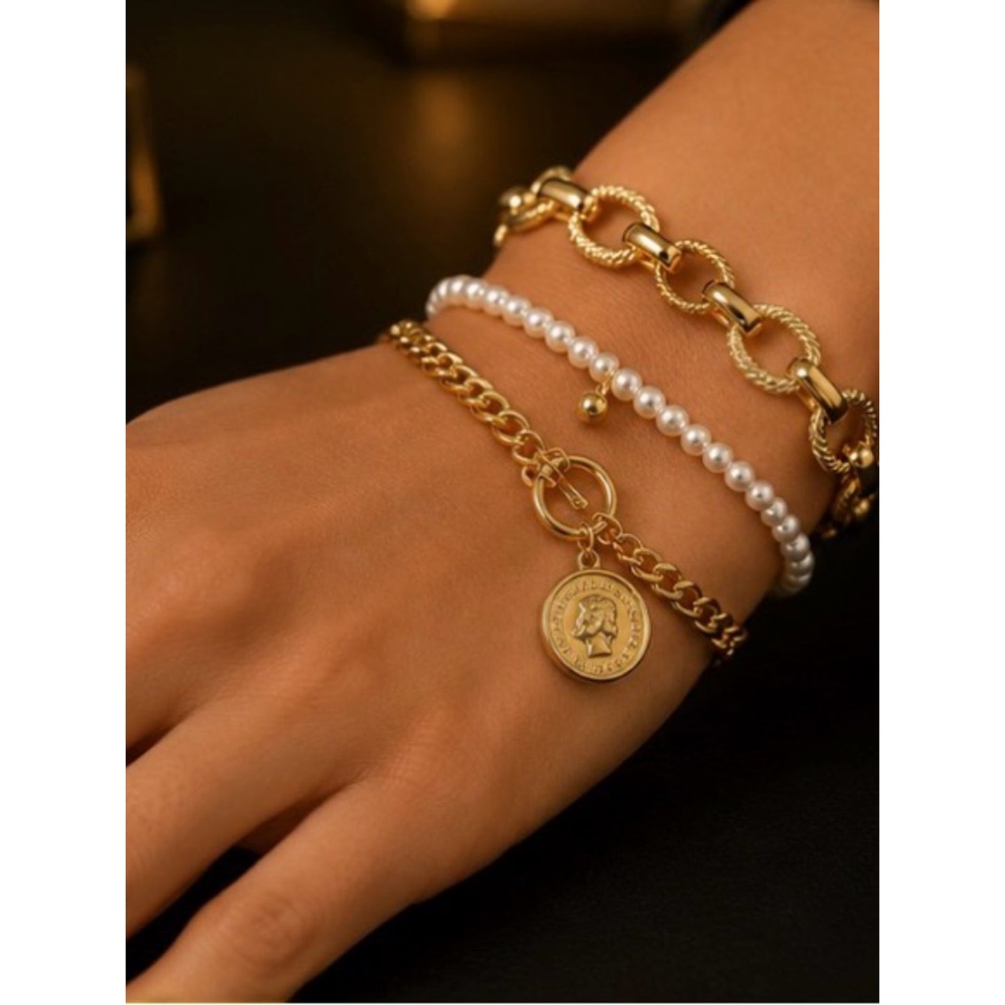 18k Plated Gold Coin Charm & Pearl Layered Bracelets Waterproof Tarnish Free