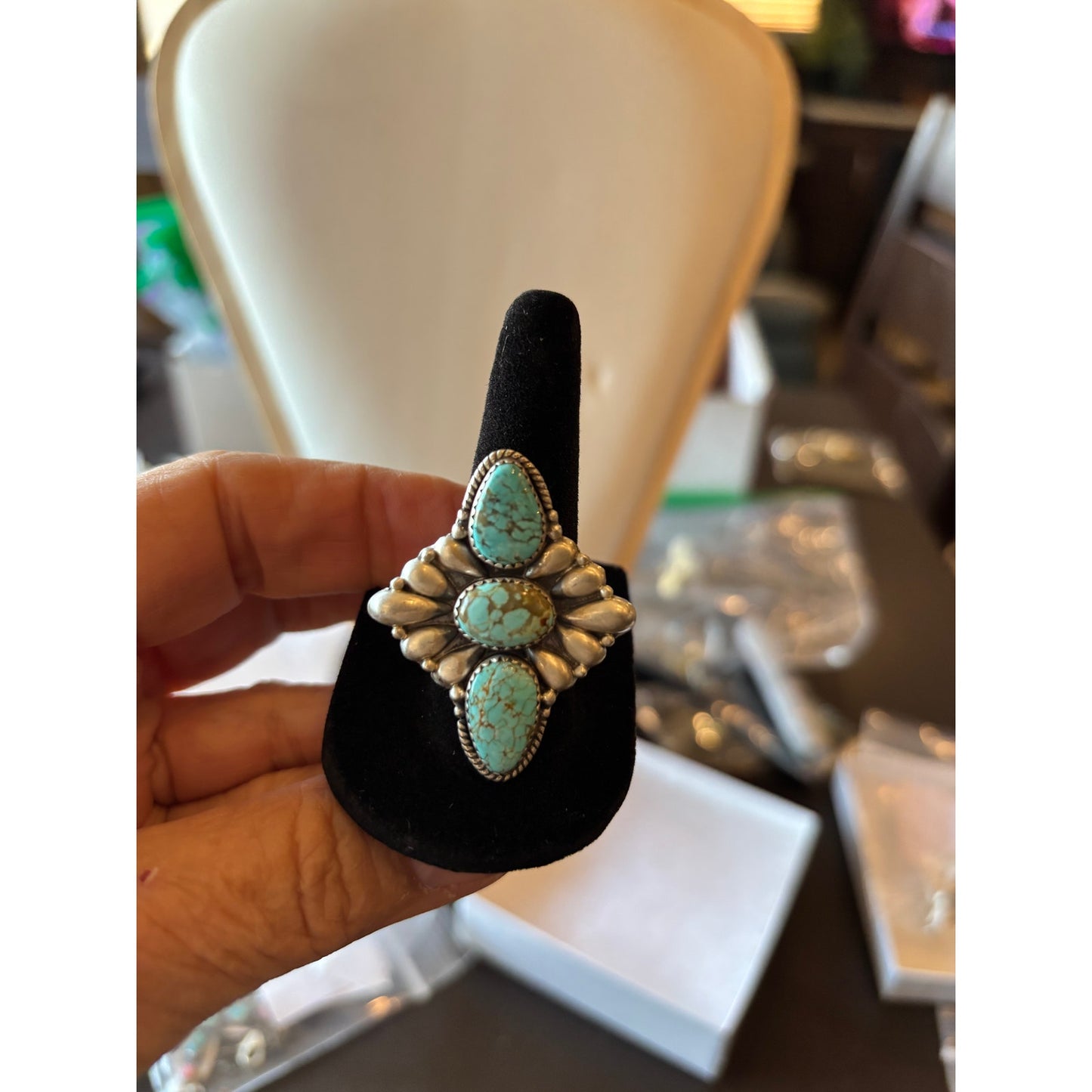 #8  3 stone large Turquoise Ring in Sterling Silver