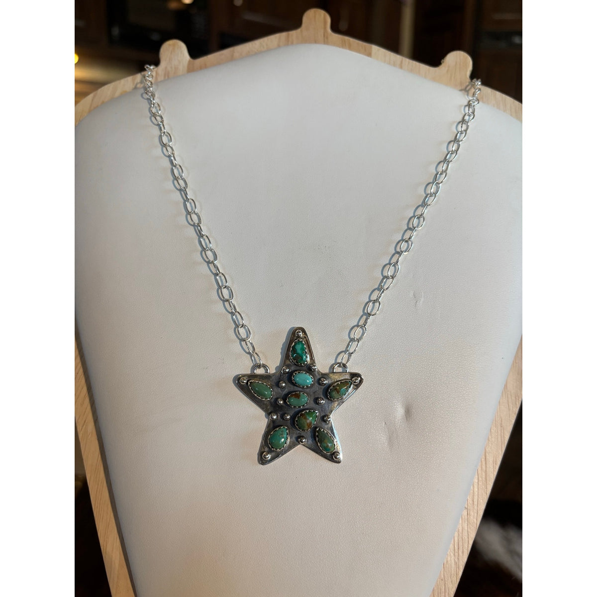 Kingman Turquoise Star Statement Necklace – Sterling Silver, 19" Paperclip Chain