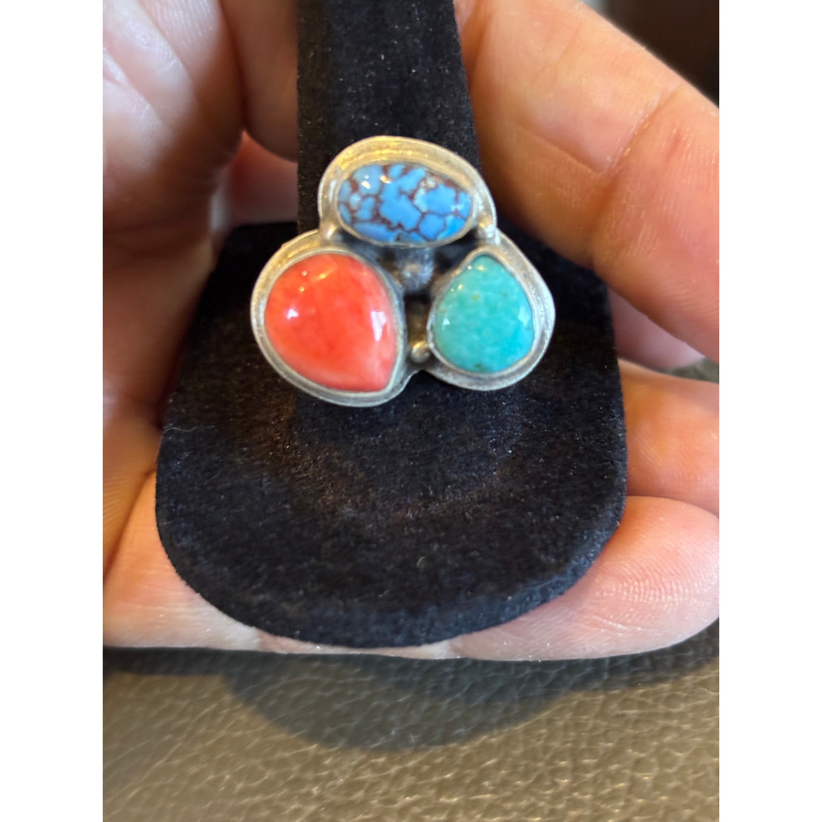 Kingman & Blue Turquoise Red Coral 3-Stone Sterling Silver Ring