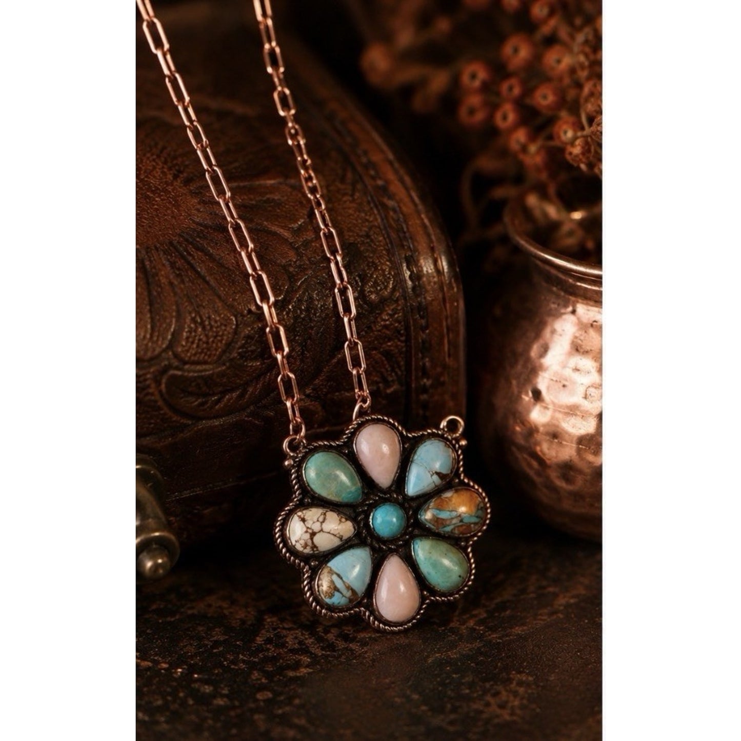 African Turquoise And Red Copper Handmade Pendant Necklace 24”