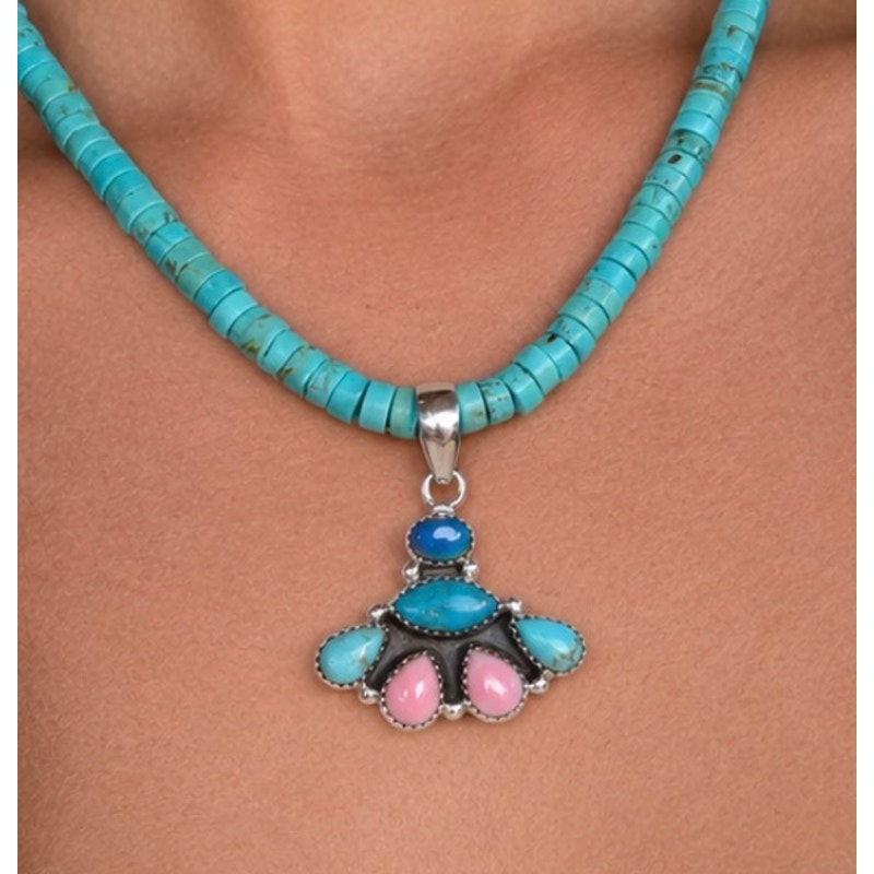Kingman Turquoise, Pink Conch & Opal Heishi Necklace – 18"