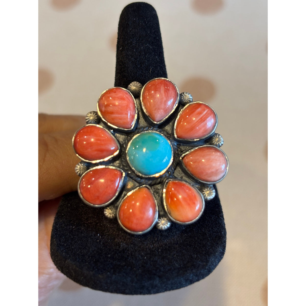 Turquoise & Red Coral Cluster Flower Ring Sterling Silver