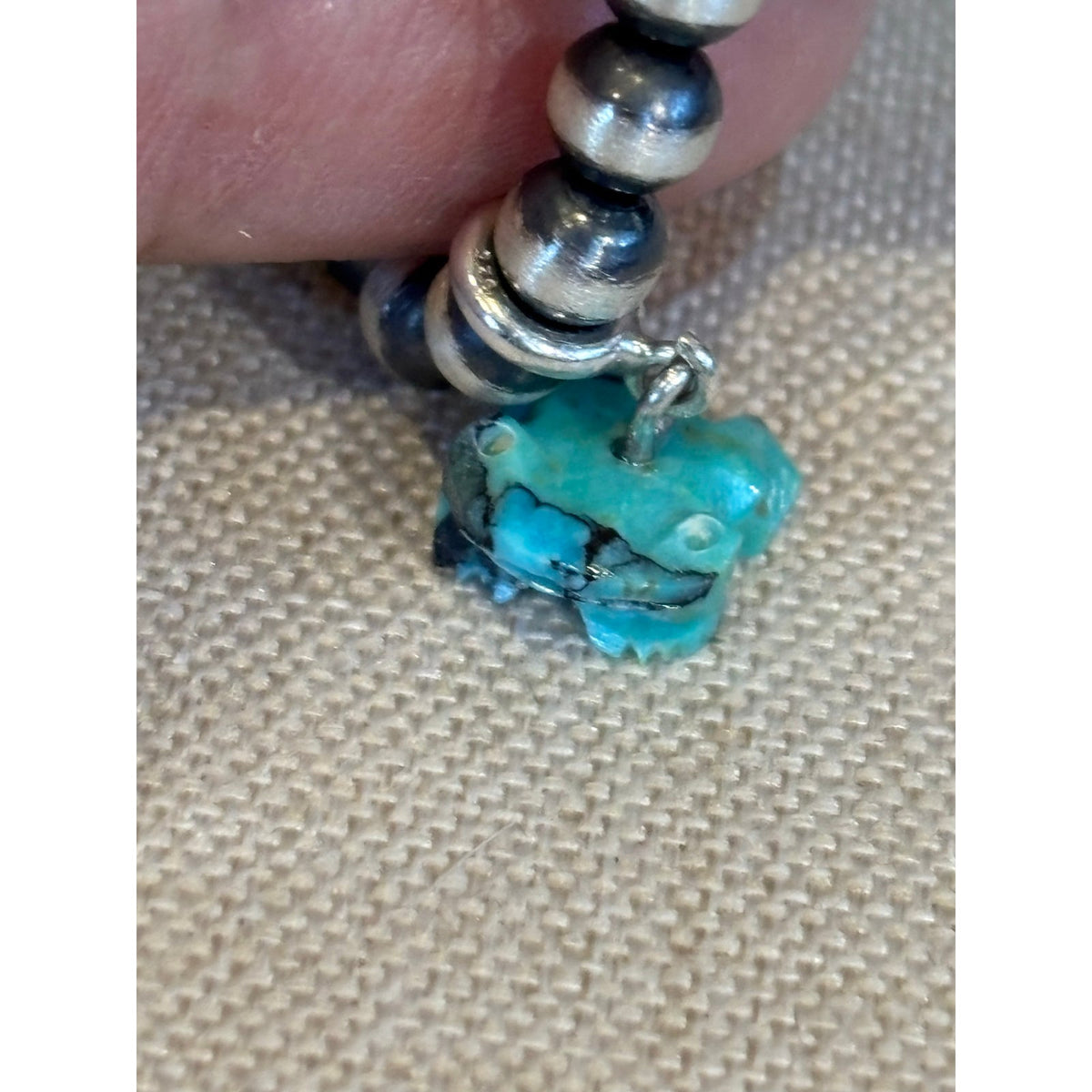 Title: Hand-Carved Kingman Turquoise Frog Charm Sterling Silver 4mm Pearl Bracelet – 5"
