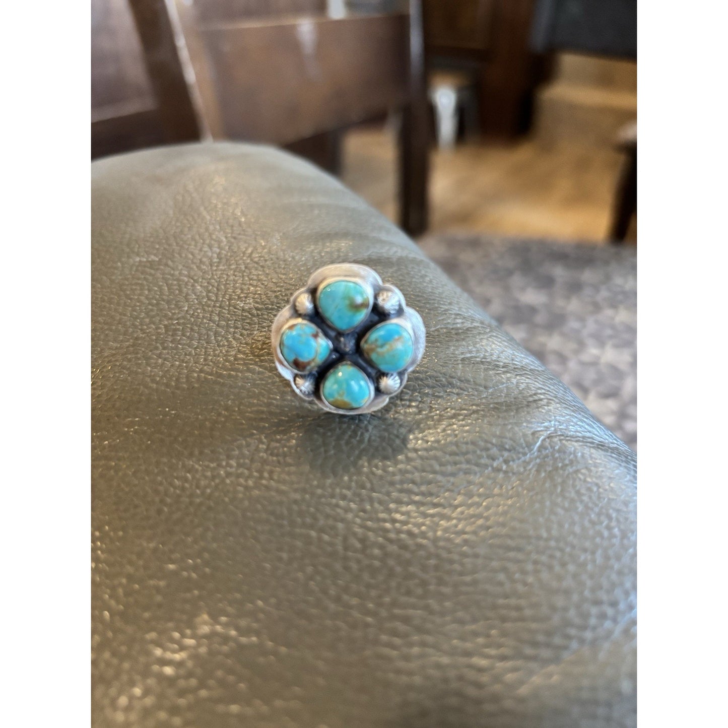 Stunning Kingman Turquoise Cluster Ring In Sterling Silver Ring w Accent Beads