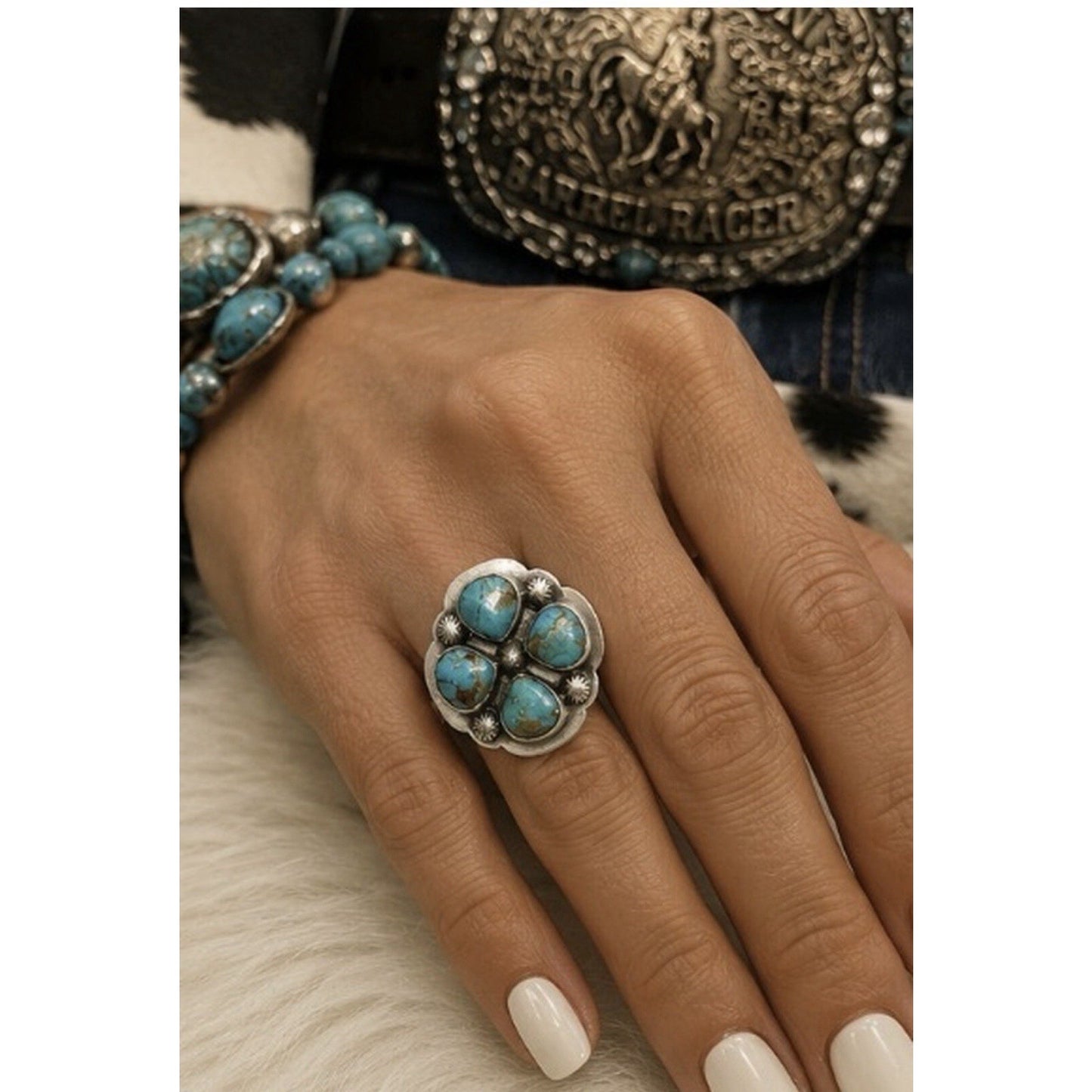 Stunning Kingman Turquoise Cluster Ring In Sterling Silver Ring w Accent Beads
