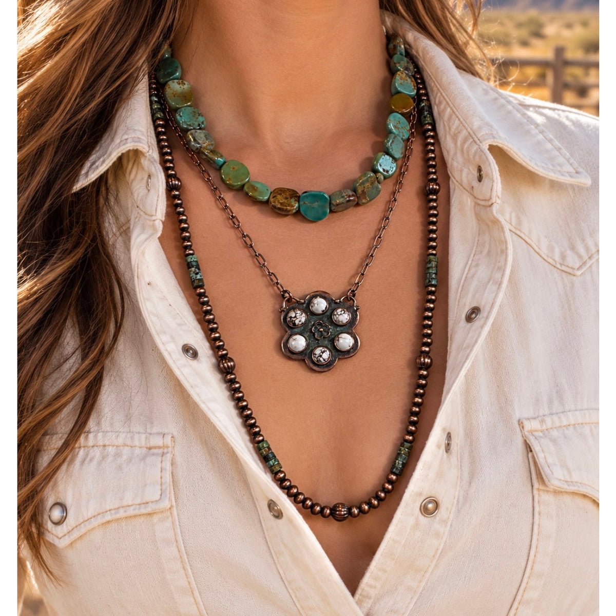 Copper Pearl Bead Layering Necklace with Royston Turquoise Accents – 24 Inch