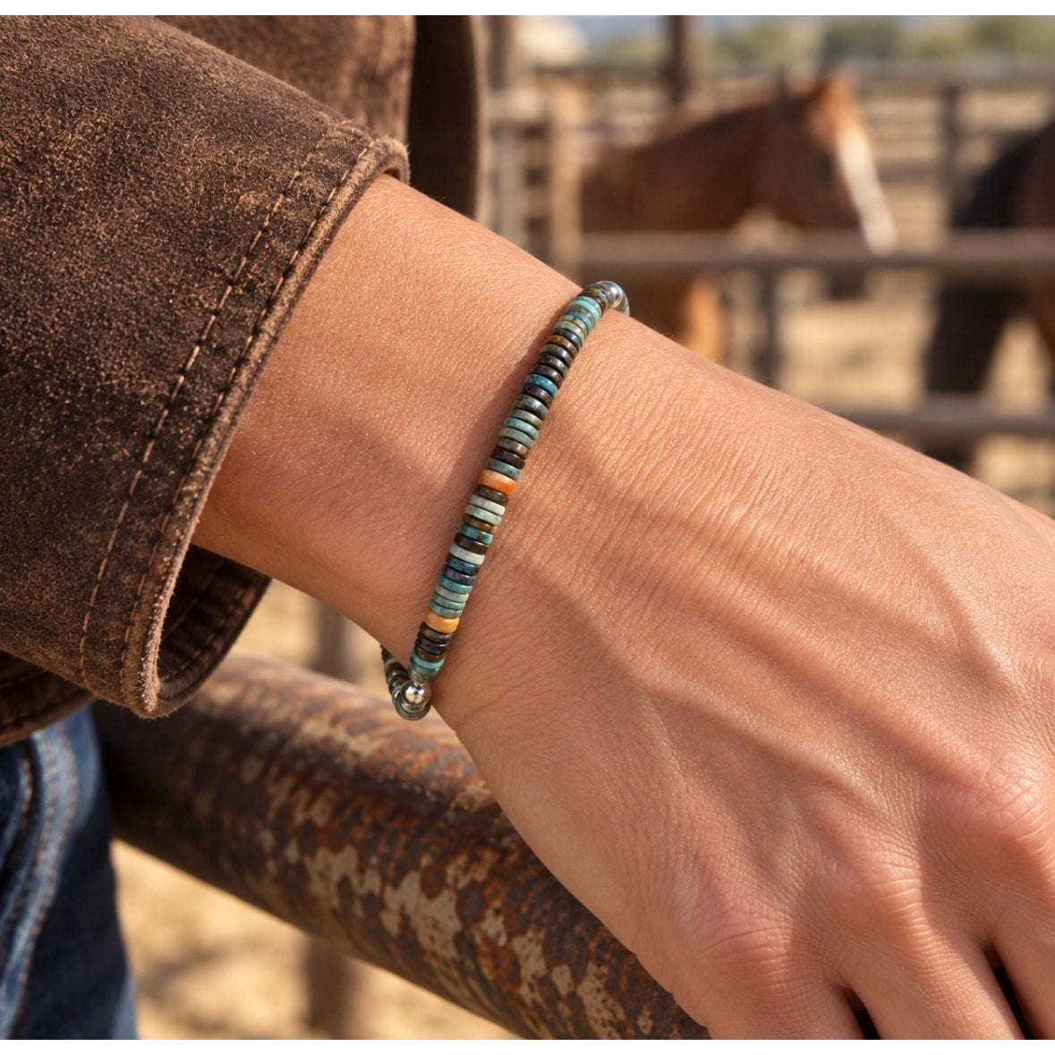 Spiny Oyster & Turquoise Heishi Bracelet | 7" Southwestern Sterling Silver