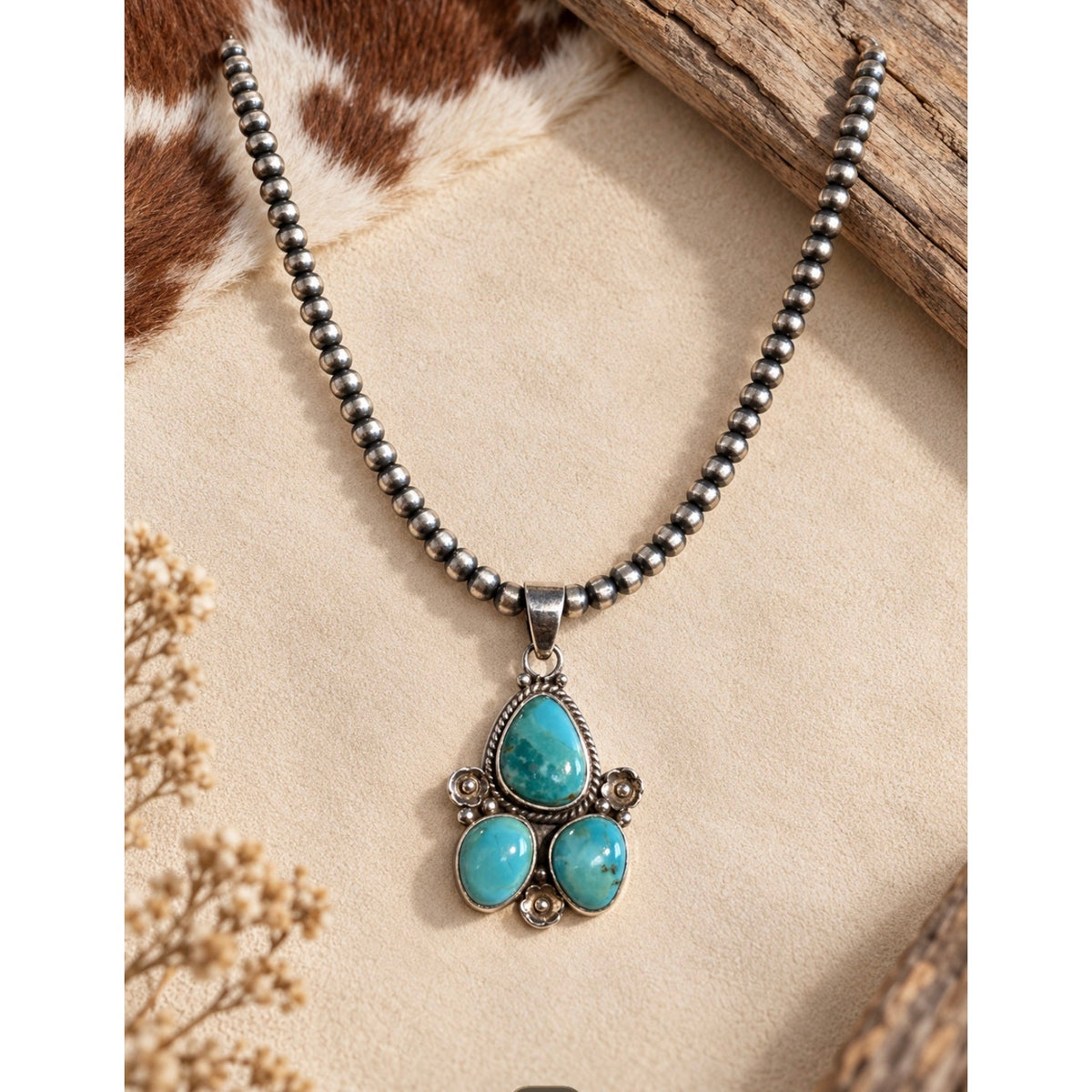 Kingman Turquoise Sterling Silver Pendant with 4mm 16" Desert Pearl Bead Chain Necklace