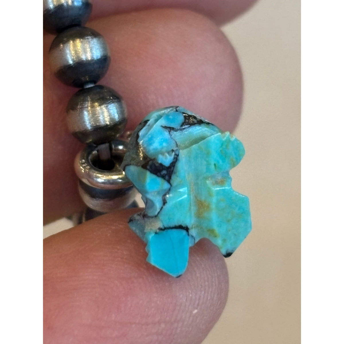 Title: Hand-Carved Kingman Turquoise Frog Charm Sterling Silver 4mm Pearl Bracelet – 5"